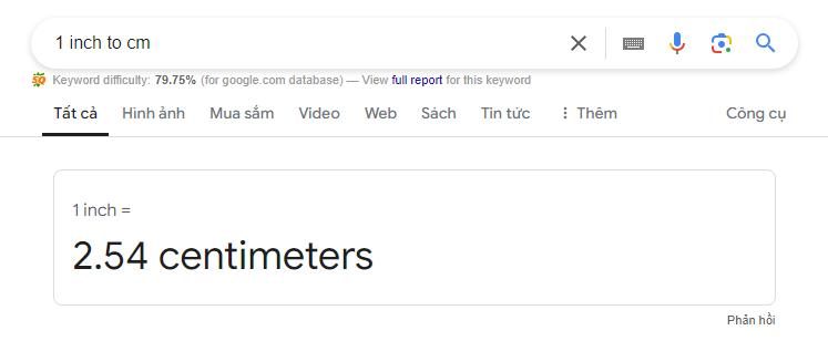Chuyển đổi 1inch sang cm bằng google