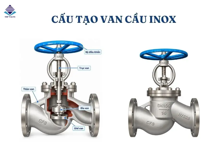 Cấu tạo van cầu inox: thân van, đĩa van, ghế van, trục van, bộ điều khiển