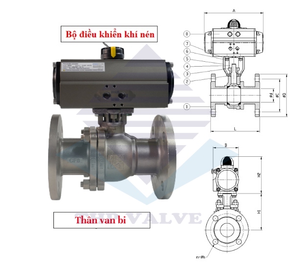 Cấu tạo van bi điều khiển bằng khí nén