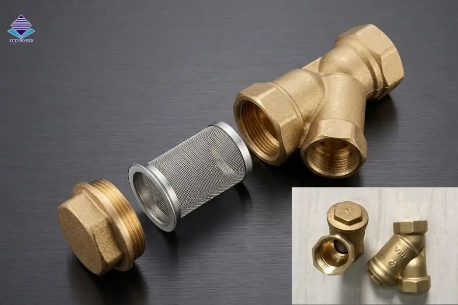 Thân van và nắp van được làm bằng đồng thau, lưới lọc inox