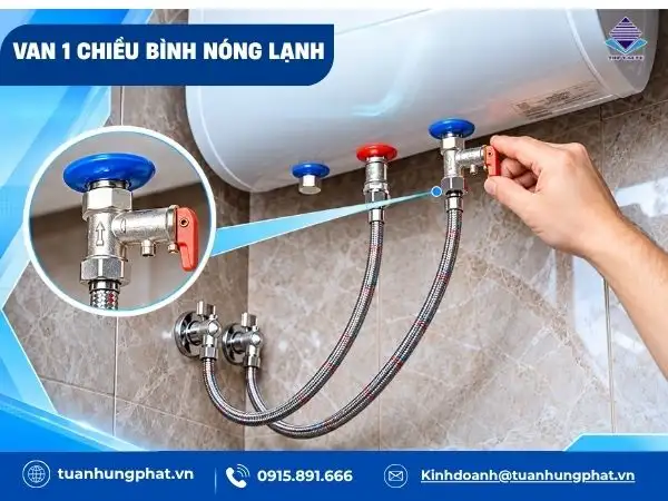 Van 1 chiều bình nóng lạnh được lắp tại đường cấp nước lạnh, ký hiệu màu xanh.
